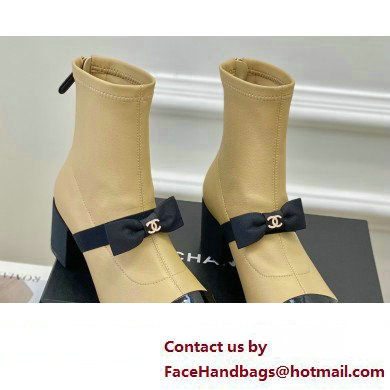 Chanel Heel 5.5cm Stretch Lambskin & Patent Calfskin Short Boots with Bow G40099 Beige 2023